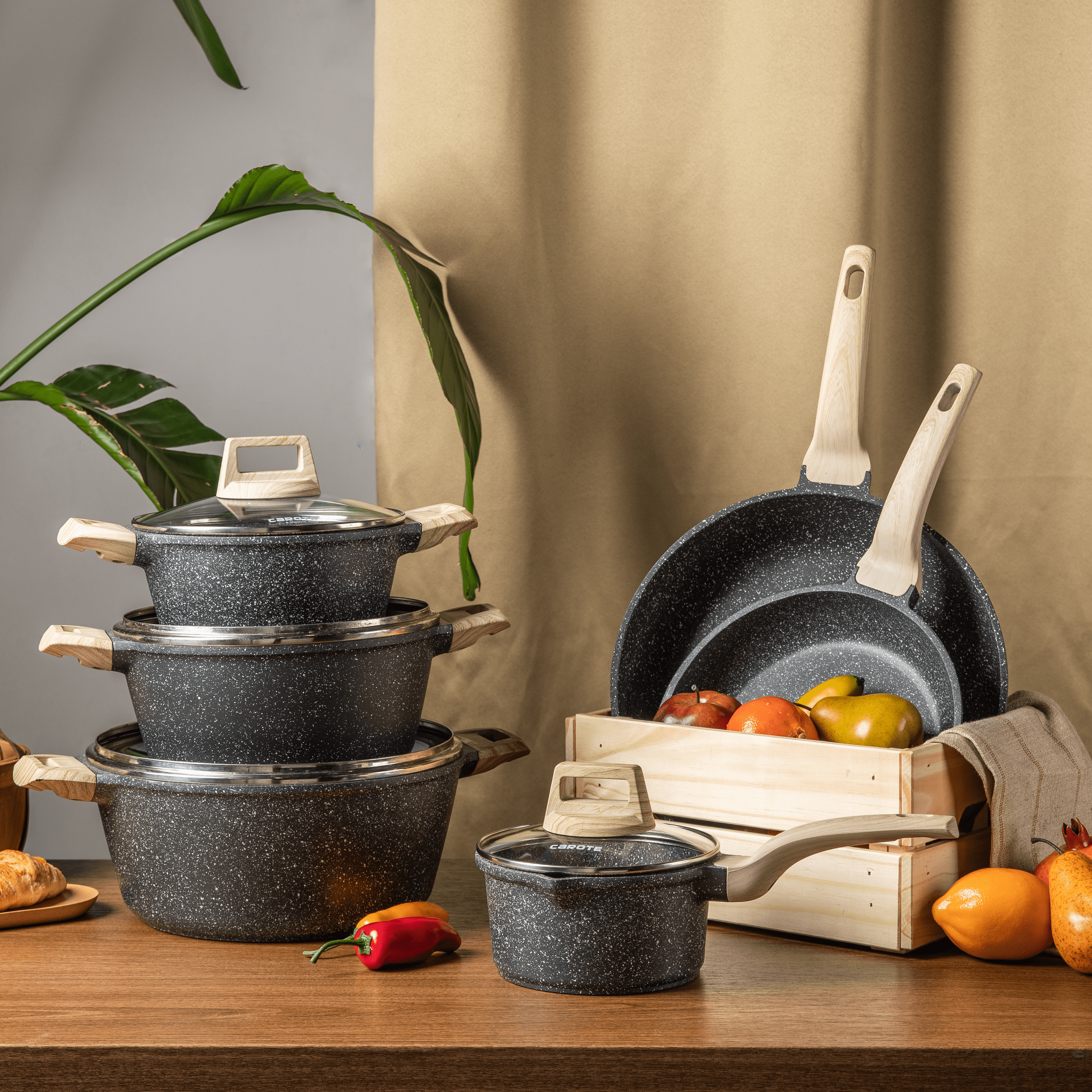 Carote Kasanova Granite Stone 11 Pcs Pots & Pans Cookware Sets, Beige -  Nonstick