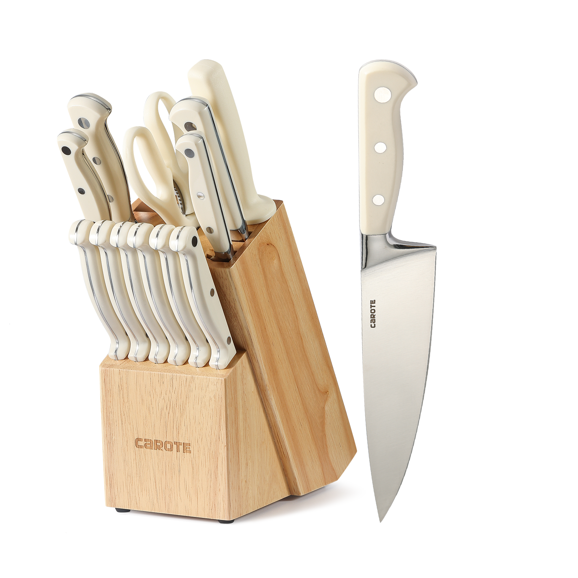 CAROTE 14 Pieces Knife Set with Wooden Block Stainless Steel