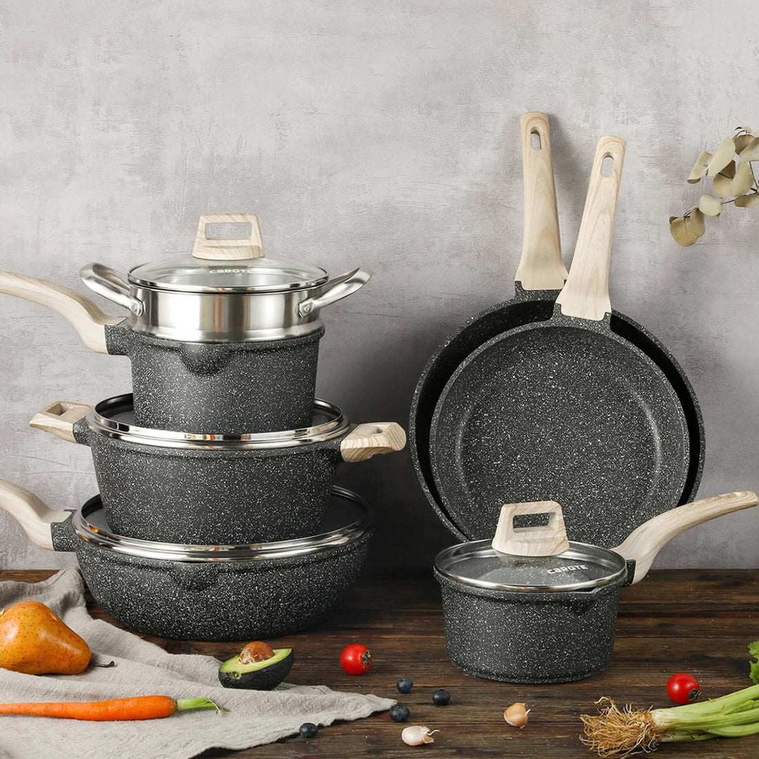 Carote Nonstick Granite Cookware Sets 10 Pcs Stone Cookware Set,non stick  frying pan set , pots and pans set ( Granite, induction cookware), Granite  Classic Black Set