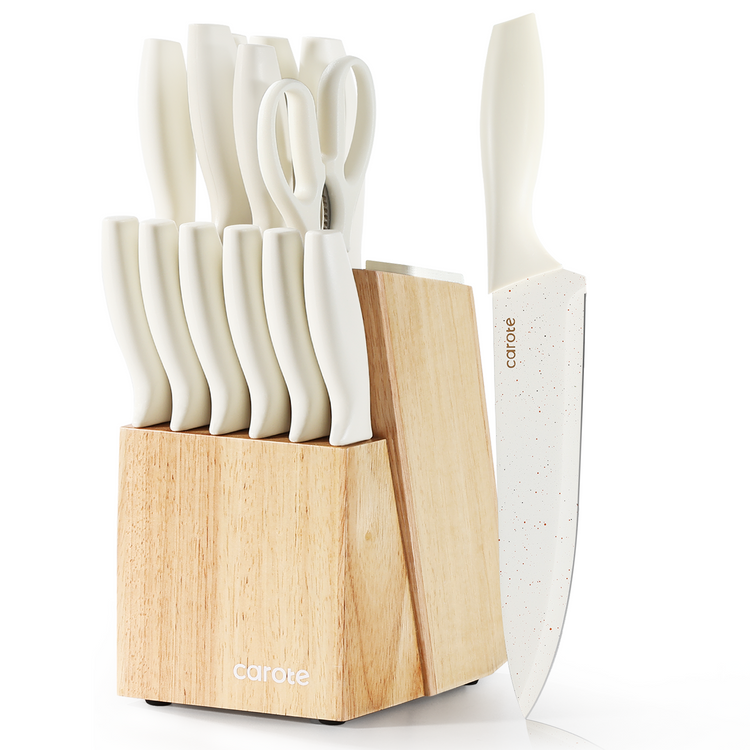 CAROTE 15-Piece Premium Kitchen Knife Set, Elegant White Ceramic-Coated Blades with Stylish Wooden Block for Modern Culinary Excellence