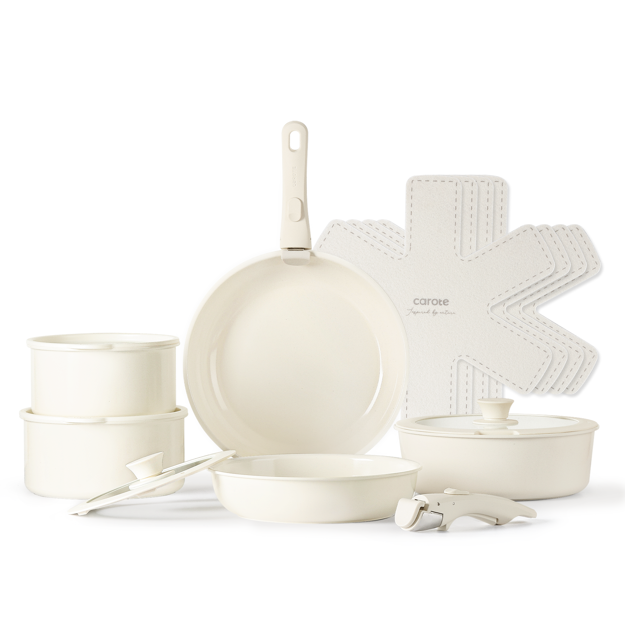 CAROTE 15pcs Pots and Pans Set, Ceramic Cookware Set Detachable Handle - Cream White