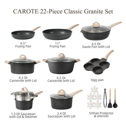 CAROTE 22pcs Pots and Pans Set Nonstick, Cookware Set Black Granite Induction Kitchen Cooking Set w/Frying Pans & Saucepans(PFOS, PFOA Free)