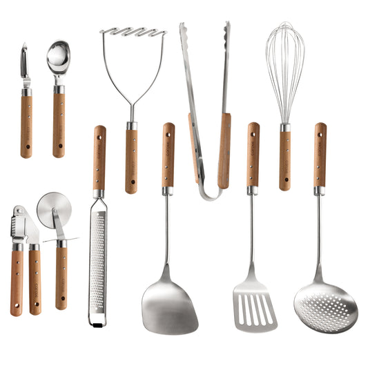 Carote Stainless Steel Cooking Utensils Set with Stay-Cool Wooden Handles, 11PCS Kitchen Tools Set, Spatulas, Whisk, Tongs, Ice Cream Scoop, Peeler, Pizza Cutter, Potato Masher