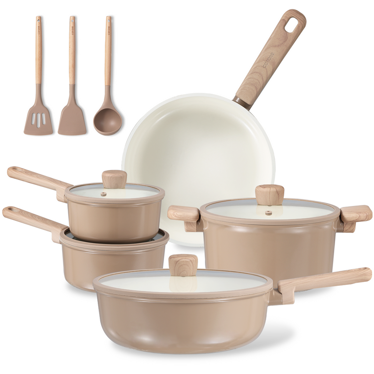 Carote 12 Pcs Ceramic Cookware Sets, Pots and Pans Set, Taupe