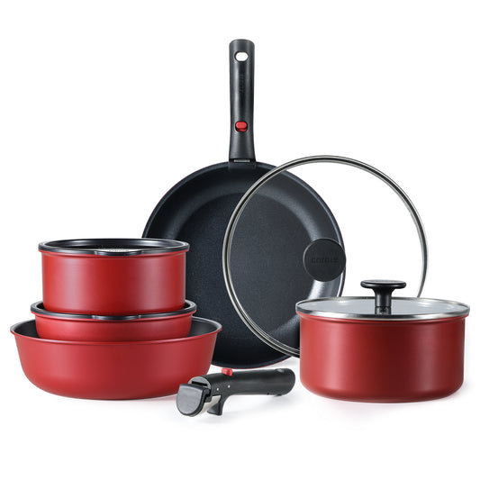 CAROTE 11pcs Cookware Set Nonstick, Detachable Handle Red