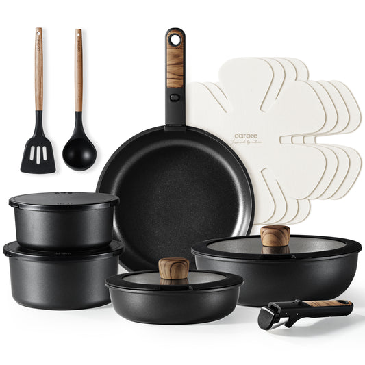 CAROTE 17pcs Nonstick Cookware Set Removable Handle, Black