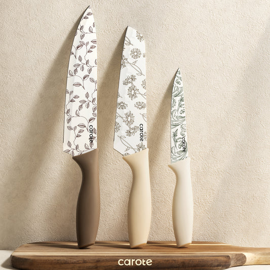 CAROTE 6Pcs Knives Set Stainless Steel, White and Floral, Grip Handle