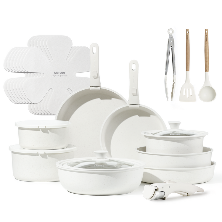 CAROTE 25-Piece Nonstick Cookware Set with Detachable Handles - White Granite