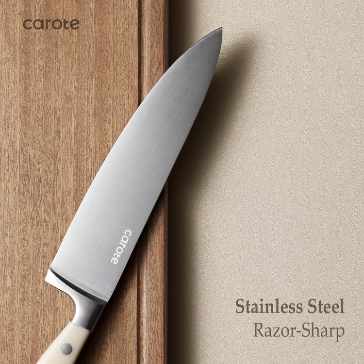 CAROTE 14 Pieces Knife Set with Block, High Carbon Stainless Steel Sharp Blade Block,Cream