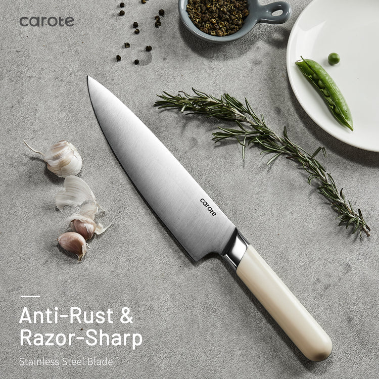 CAROTE 8PCS Kitchen Knife Bock Set, Stainless Steel Razor-Sharp Blade,Essential Knife Set with Block, Dishwasher Safe