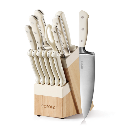 CAROTE 14 Pieces Knife Set with Block, High Carbon Stainless Steel Sharp Blade Block,Cream