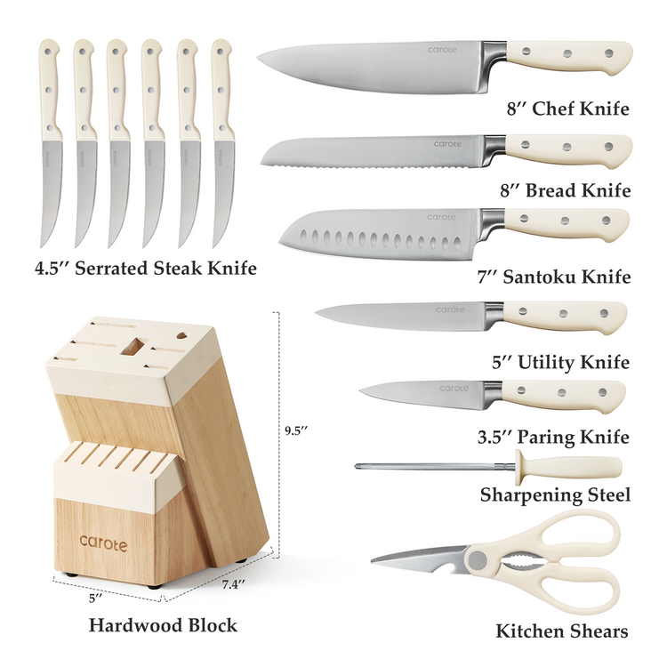 CAROTE 14 Pieces Knife Set with Block, High Carbon Stainless Steel Sharp Blade Block,Cream