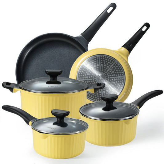 CAROTE Rome Collection 8pcs Cookware Set, Yellow, Non stick Pans and Pots