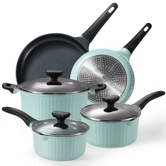 CAROTE Rome Collection 8pcs Cookware Set, Blue, Non stick Pans and Pots