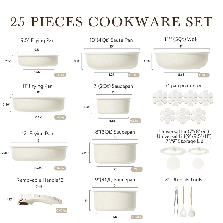 CAROTE 25-Piece Nonstick Cookware Set with Detachable Handles - White Granite
