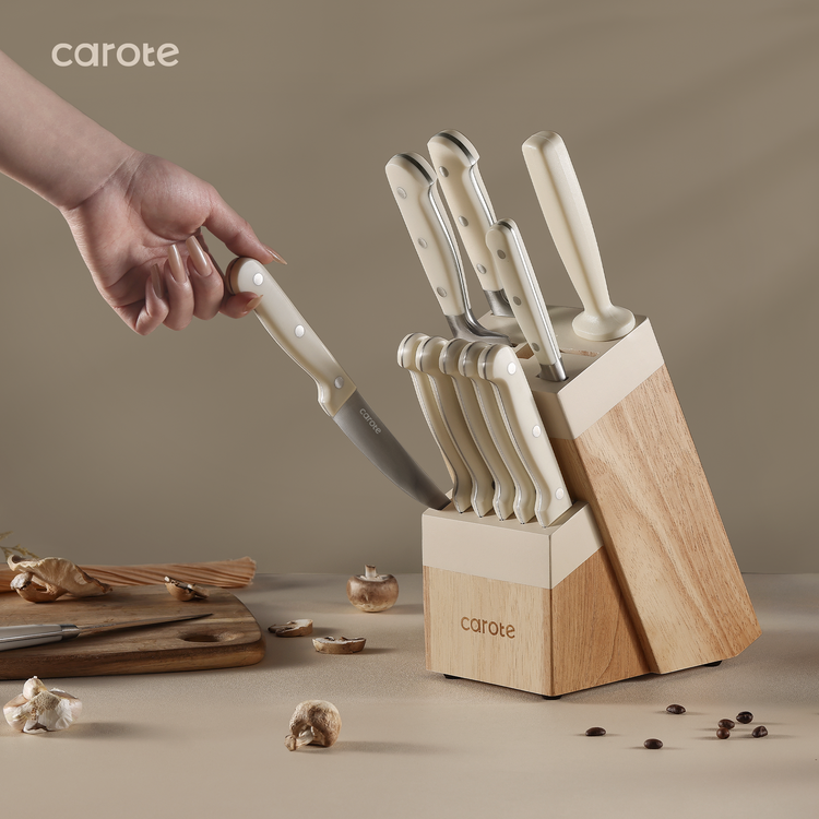 CAROTE 14 Pieces Knife Set with Block, High Carbon Stainless Steel Sharp Blade Block,Cream