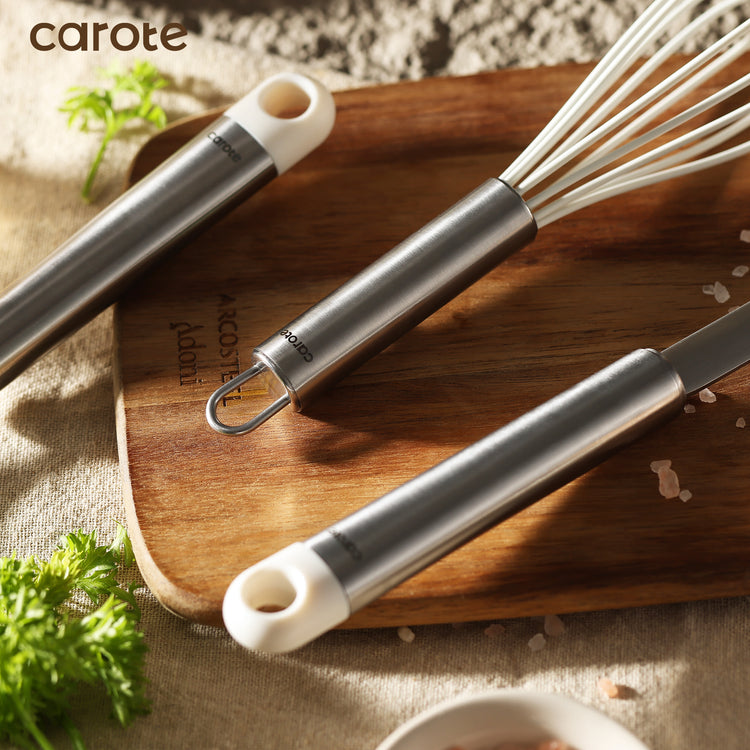 CAROTE 7PCS Cooking Utensils Set, Stainless Steel Kitchen Utensill Set, Kitchen Gadgets for Nonstick Pots and Pans, Utensil Sets with Tongs, Ladle Spatula &Turner, White