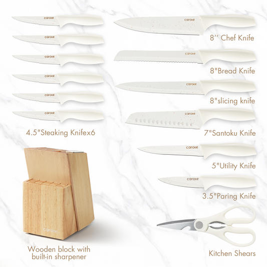 CAROTE 15-Piece Premium Kitchen Knife Set, Elegant White Ceramic-Coated Blades with Stylish Wooden Block for Modern Culinary Excellence