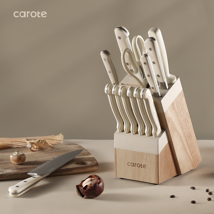 CAROTE 14 Pieces Knife Set with Block, High Carbon Stainless Steel Sharp Blade Block,Cream