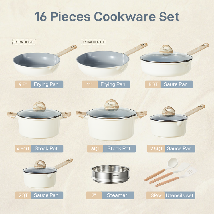 CAROTE Ceramic 16 Pieces Pans and Pots Set, Cream&Grey Nonstick Cookware Sets, Heat Distribution