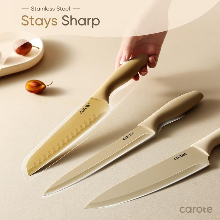 CAROTE 12 Pieces Kitchen Knife Set, Stainless Steel Knife Set With Nonstick Ceramic Coating,Anti-Rust,Brown