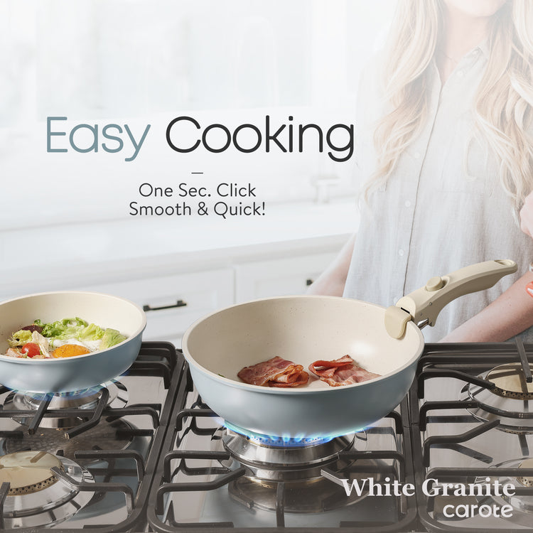 CAROTE 11pcs Nonstick Cookware Set Detachable Handle Induction (White  Granite)