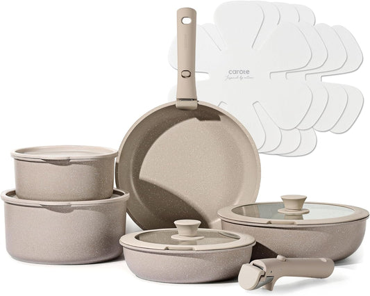 CAROTE 15-Piece Nonstick Cookware Set with Detachable Handles - Classic Taupe