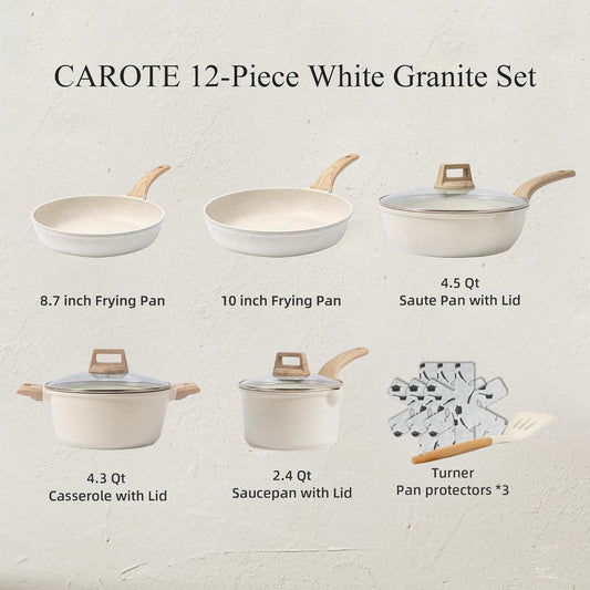 Carote Nonstick Cookware Sets, 17 Pcs Granite Non Stick Pots and Pans Set  with Removable Handle
