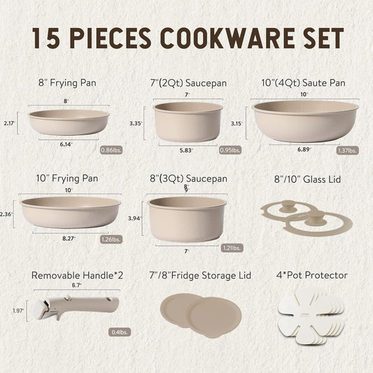 CAROTE 15-Piece Nonstick Cookware Set with Detachable Handles - Classic Taupe