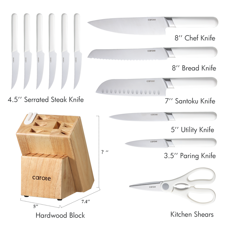 CAROTE 14PCS Kitchen Knife Set with Block, Stainless Steel Blade Knife Block Set,Cutlery with Built-in Sharpener, Razor-Sharp,White