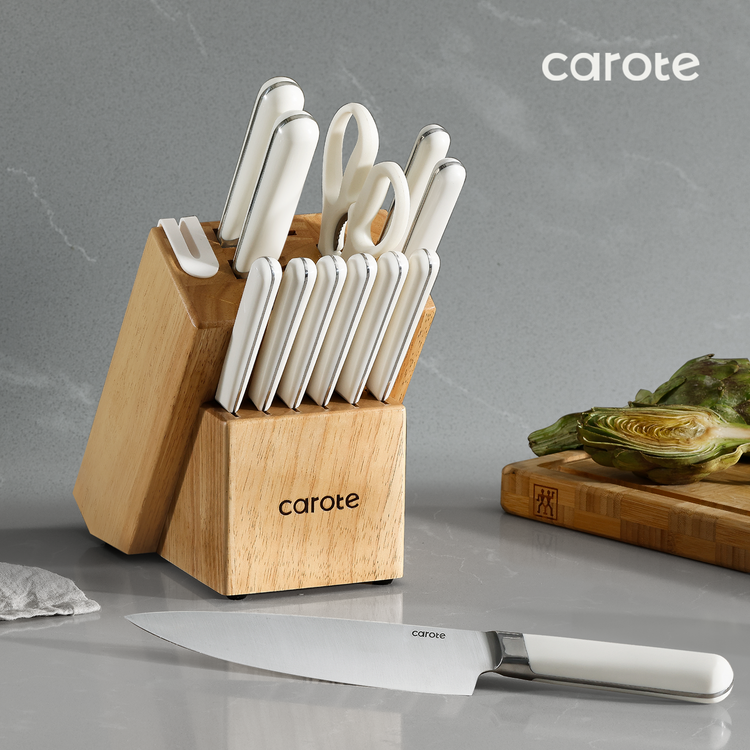 CAROTE 14PCS Kitchen Knife Set with Block, Stainless Steel Blade Knife Block Set,Cutlery with Built-in Sharpener, Razor-Sharp,White