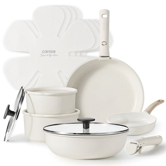 CAROTE 15pcs Pots and Pans Set, Cookware Set, Non stick, White