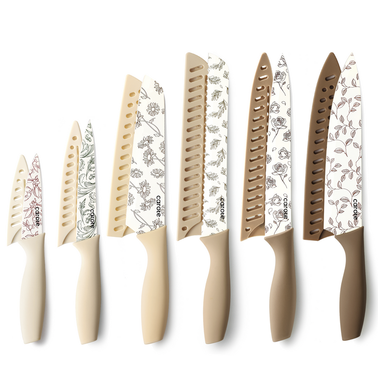 CAROTE 6Pcs Knives Set Stainless Steel, White and Floral, Grip Handle