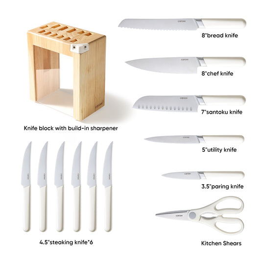 CAROTE 14PCS Knife Set with Acrylic Block, Kitchen Knives with Built-in Sharpener, Cutlery Set with High Carbon Stainless Steel Sharp Blade, Dishwasher Safe, White