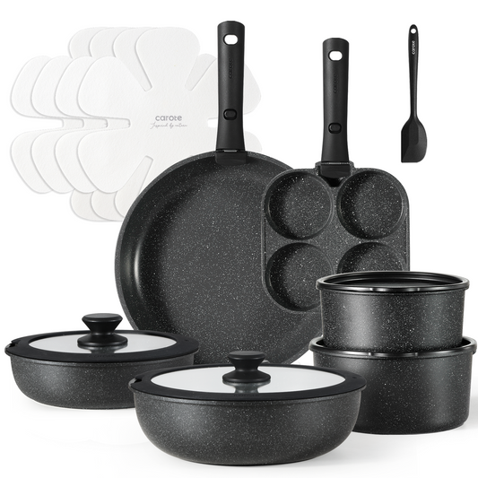 Carote Pots and Pans Set with Detachable Handle, 17Pcs, Black