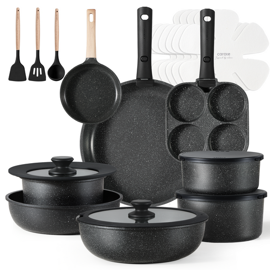 CAROTE 23pcs Cookware set Detachable handle set Black