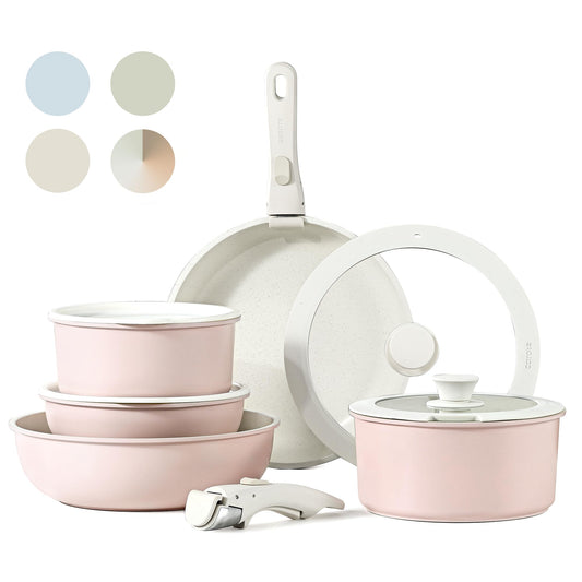 CAROTE 11-Piece Nonstick Cookware Set with Detachable Handles - Pink Granite