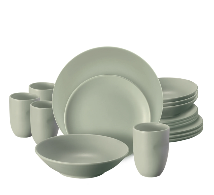 Oxford 16 Pcs Dinnerware Sets, Unni Solids, Sage Stoneware, Service for 4