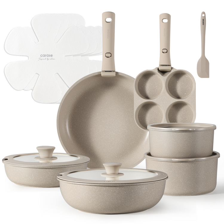 Carote 17 Pcs Pots and Pans with Detachable Handle, Taupe