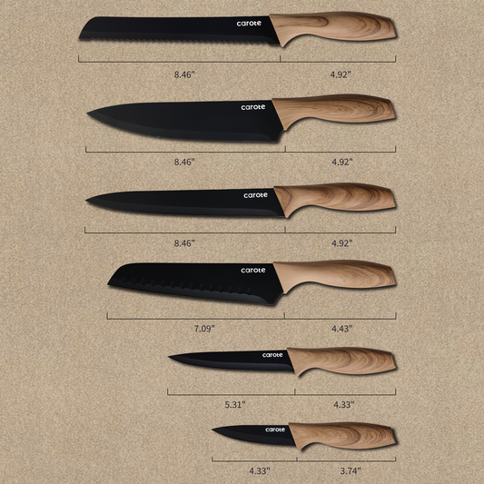 CAROTE 6Pcs Knives Set Stainless Steel, Black, Wooden Handle