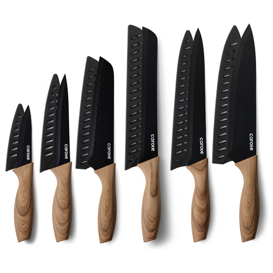 CAROTE 6Pcs Knives Set Stainless Steel, Black, Wooden Handle