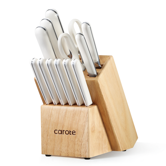 CAROTE 14PCS Kitchen Knife Set with Block, Stainless Steel Blade Knife Block Set,Cutlery with Built-in Sharpener, Razor-Sharp,White