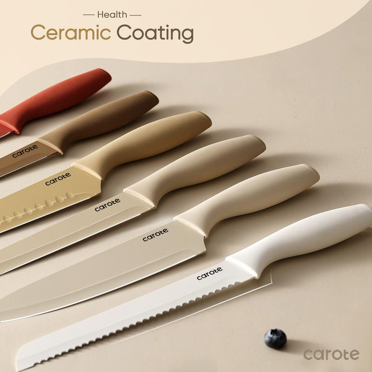CAROTE 12 Pieces Kitchen Knife Set, Stainless Steel Knife Set With Nonstick Ceramic Coating,Anti-Rust,Brown