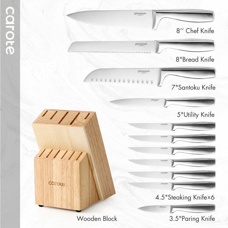 CAROTE Basic Collection 12Pieces Knife Block Set, Stainless Steel,Dishwasher Safe