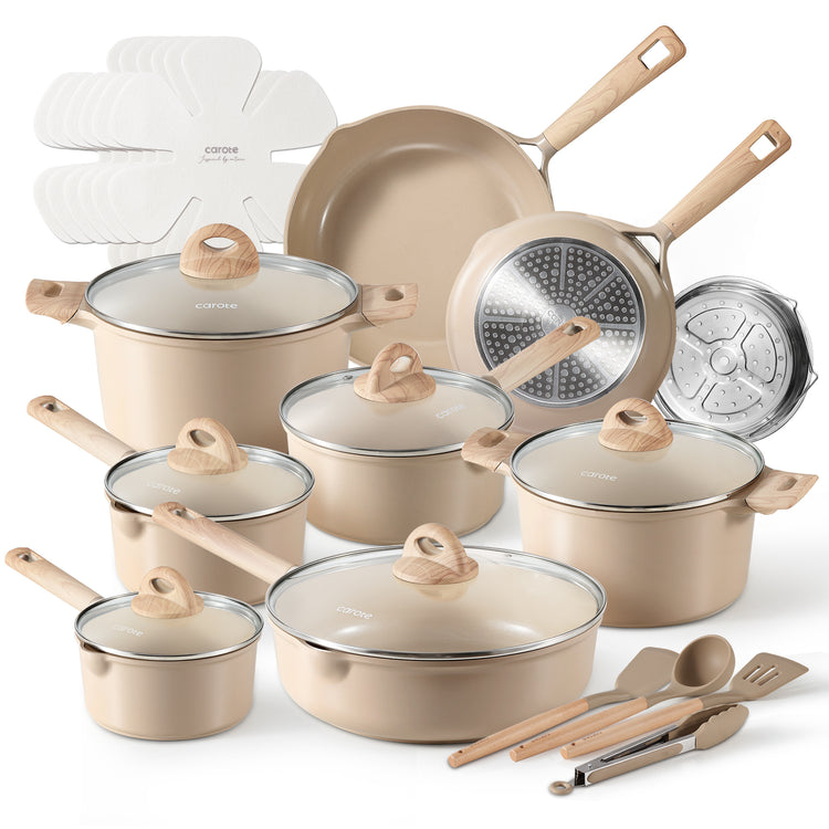 CAROTE Ceramic Pots and Pans Set, Healthy Kitchen Cookware Sets, Kitchen Induction Pots and Pans Cooking Sets, Taupe