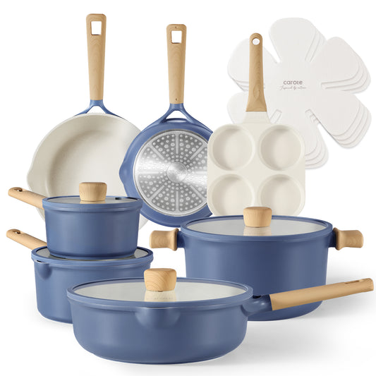 CAROTE Nonstick Pots and Pans, Cookware Set 15pcs Blue Kitchen Cookware Sets, Pots and Pans Set Induction Cookware