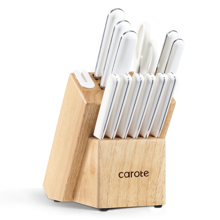 CAROTE 14PCS Kitchen Knife Set with Block, Stainless Steel Blade Knife Block Set,Cutlery with Built-in Sharpener, Razor-Sharp,White