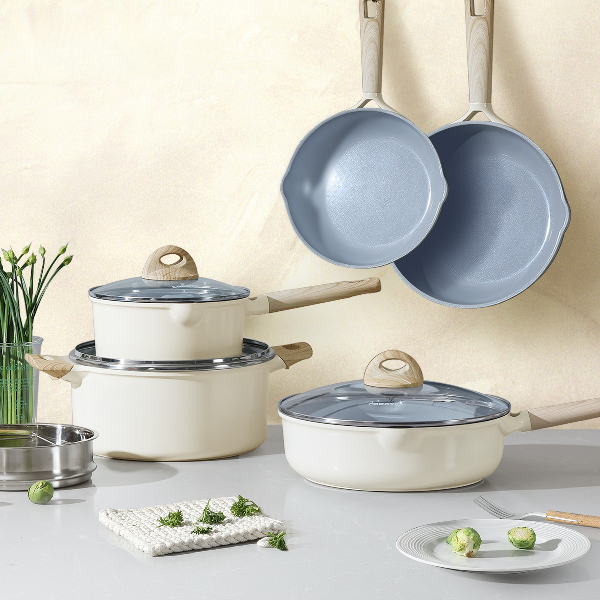 CAROTE Ceramic 16 Pieces Pans and Pots Set, Cream&Grey Nonstick Cookware Sets, Heat Distribution