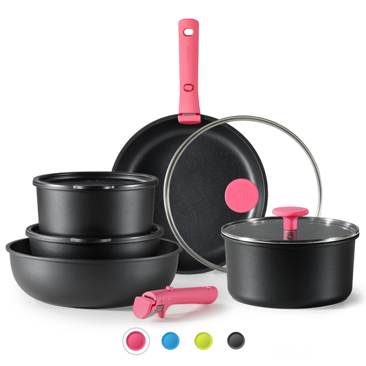 CAROTE 11Pcs Detachable Handle Pots and Pans Set, Cookware Set, Pink