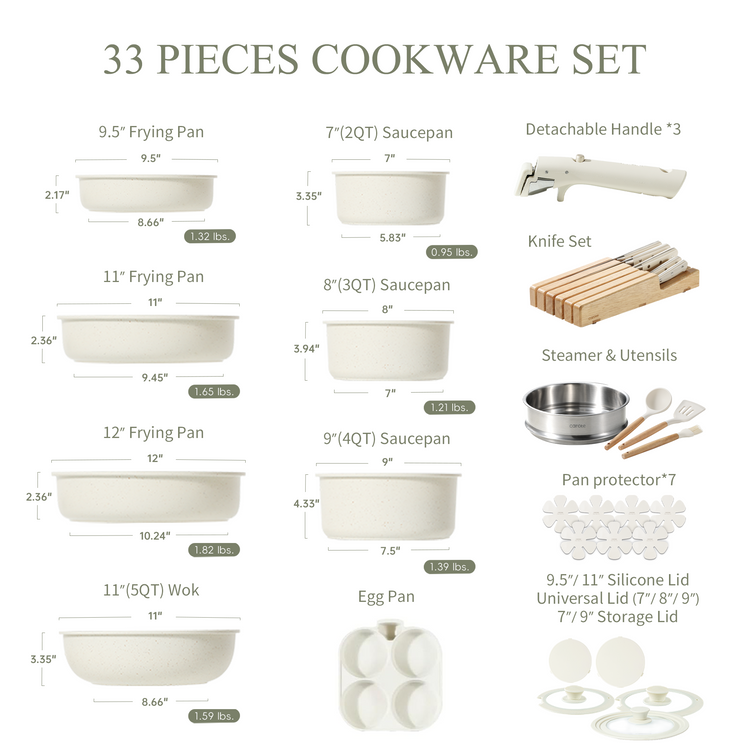 CAROTE Pots and Pans Set Non Stick, Cookware Sets Nonstick, 33pcs Kitchen Set, Oven Safe, Induction Ready, Stackable Non-stick Set with Removable Handle, RV Set with Detachable Handle, Cream White